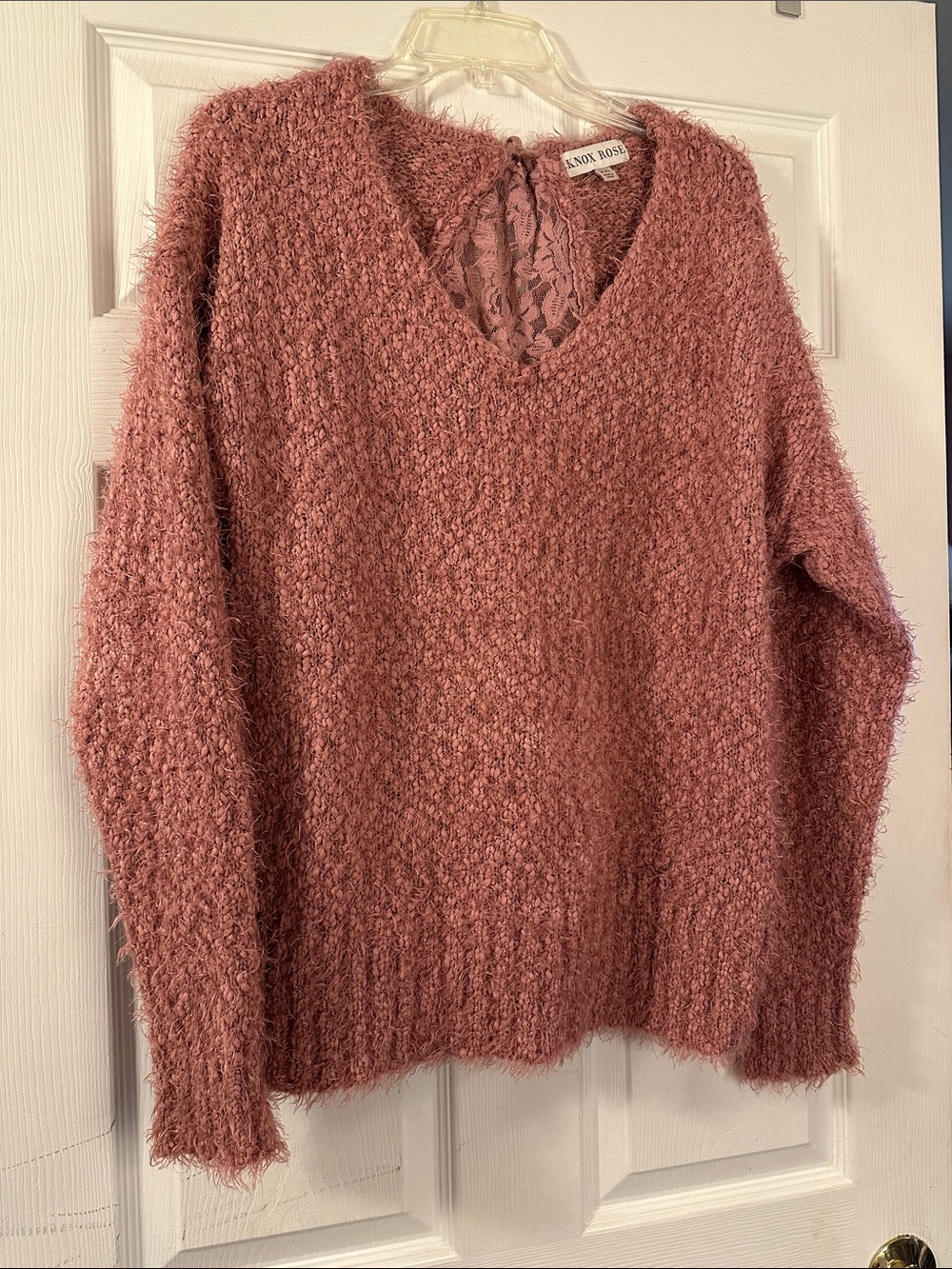 Knox Rose Dusty Mauve V-Neck Fuzzy Sweater with Lace Back